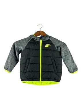 NIKE Toddler Swoosh Lightweight Hooded Puffer Jacket Sz 2T Grey Neon Green